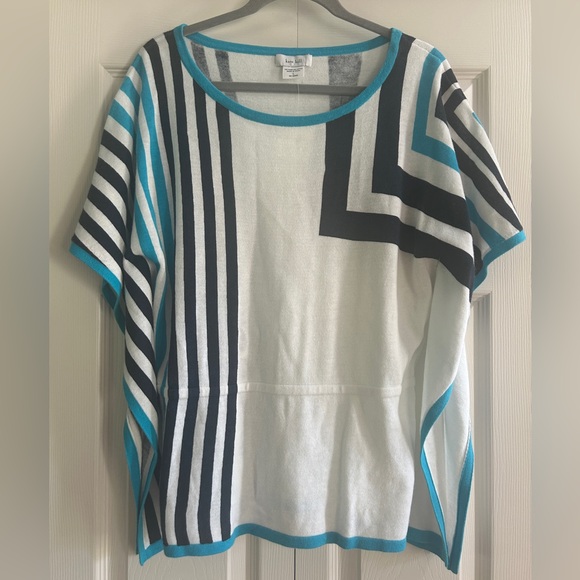Kate Hill Sweater Poncho Women’s Size L White Blue Short Sleeve Beach Vacation - Picture 1 of 9